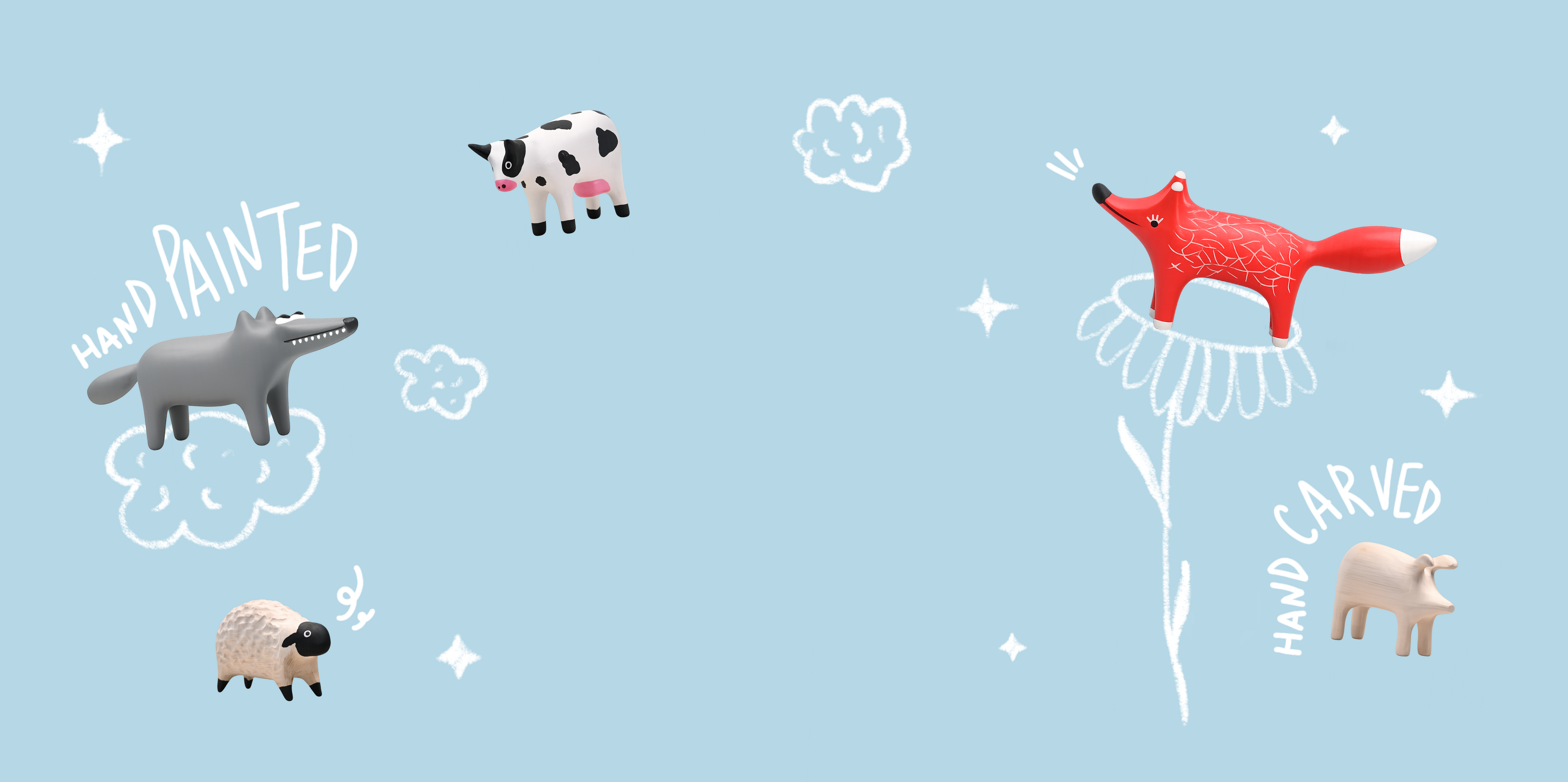 A light blue background decorated with whimsical animal illustrations and hand-painted style text. On the left, a gray wolf and a beige sheep are drawn with white hand-drawn clouds and stars, with the words 'HAND PAINTED.